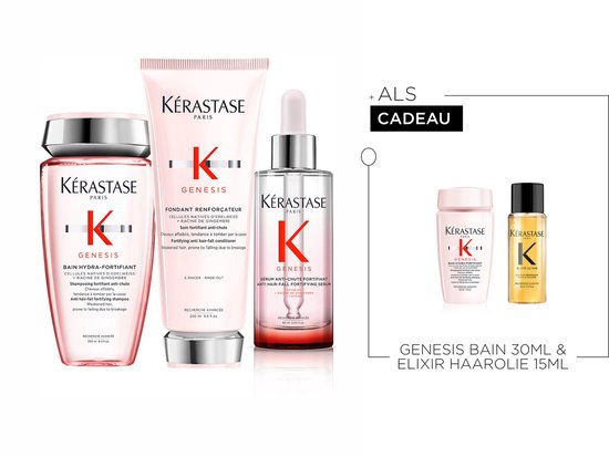 Kérastase Genesis trio met cadeau: shampoo 250ml, conditioner 200ml, haarserum 90ml en een minishampoo 30ml met haarolie 15ml.