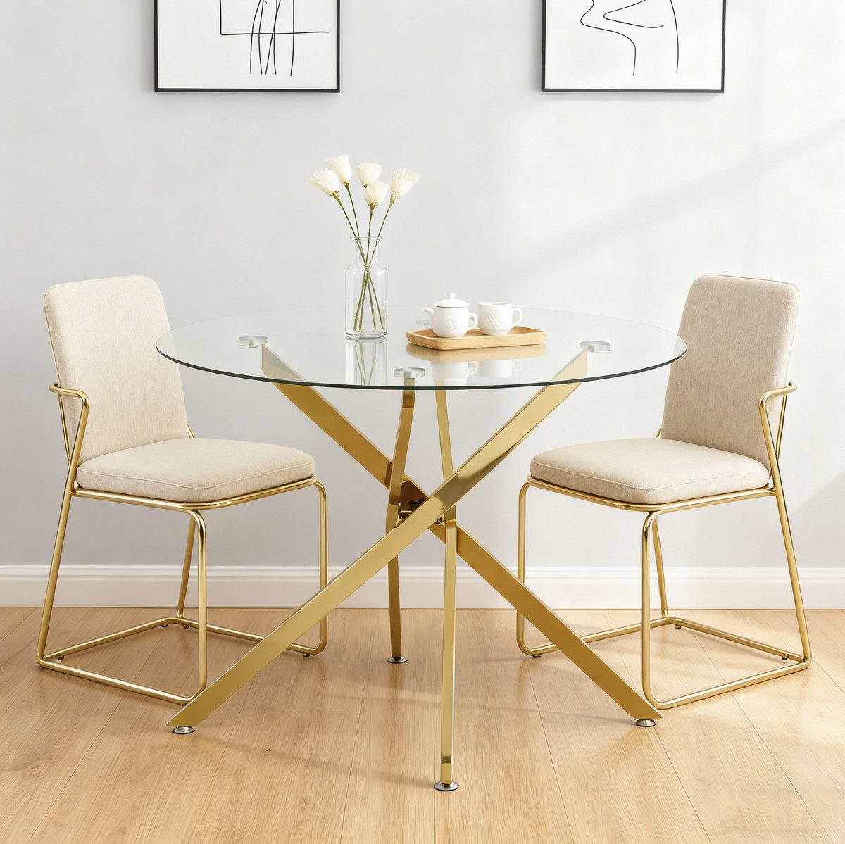 MEUNIQ ronde eettafel 80 x 80 x 76 cm met gehard glazen blad en gouden metalen X-poten, modern en minimalistisch voor eetkamer of woonkamer Gold