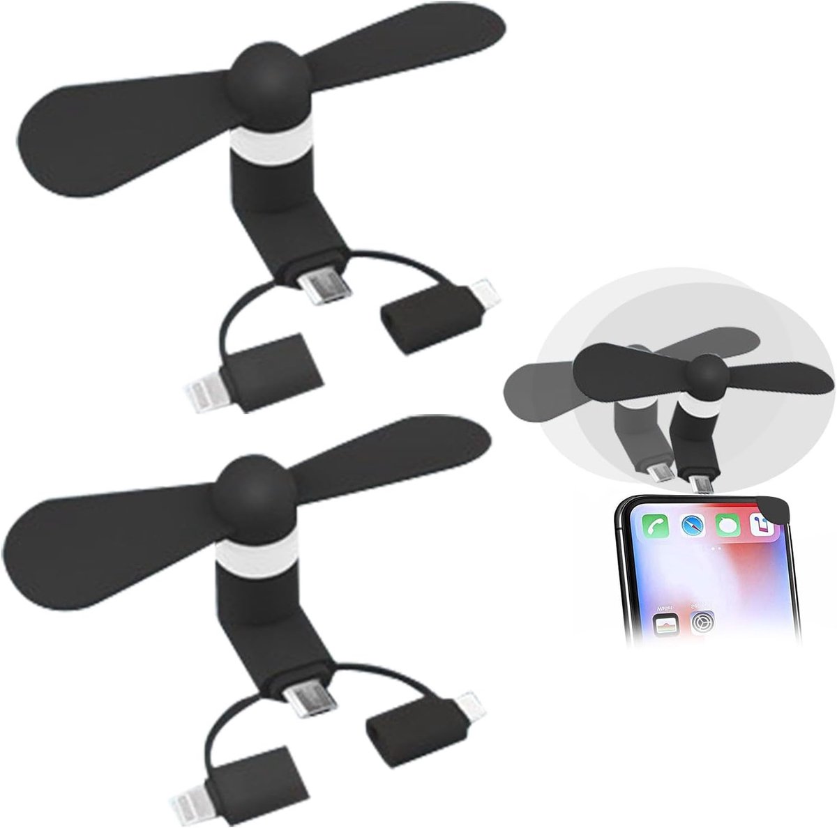 Telefoon Ventilator - 2 Stuks - Mini Ventilator voor Smartphone - 3-in-1 Telefoon Ventilator - Geschikt voor iPhone & Android - USB C, Lightning & Micro USB - Draagbare Mobiele Ventilator Set - Zwart
