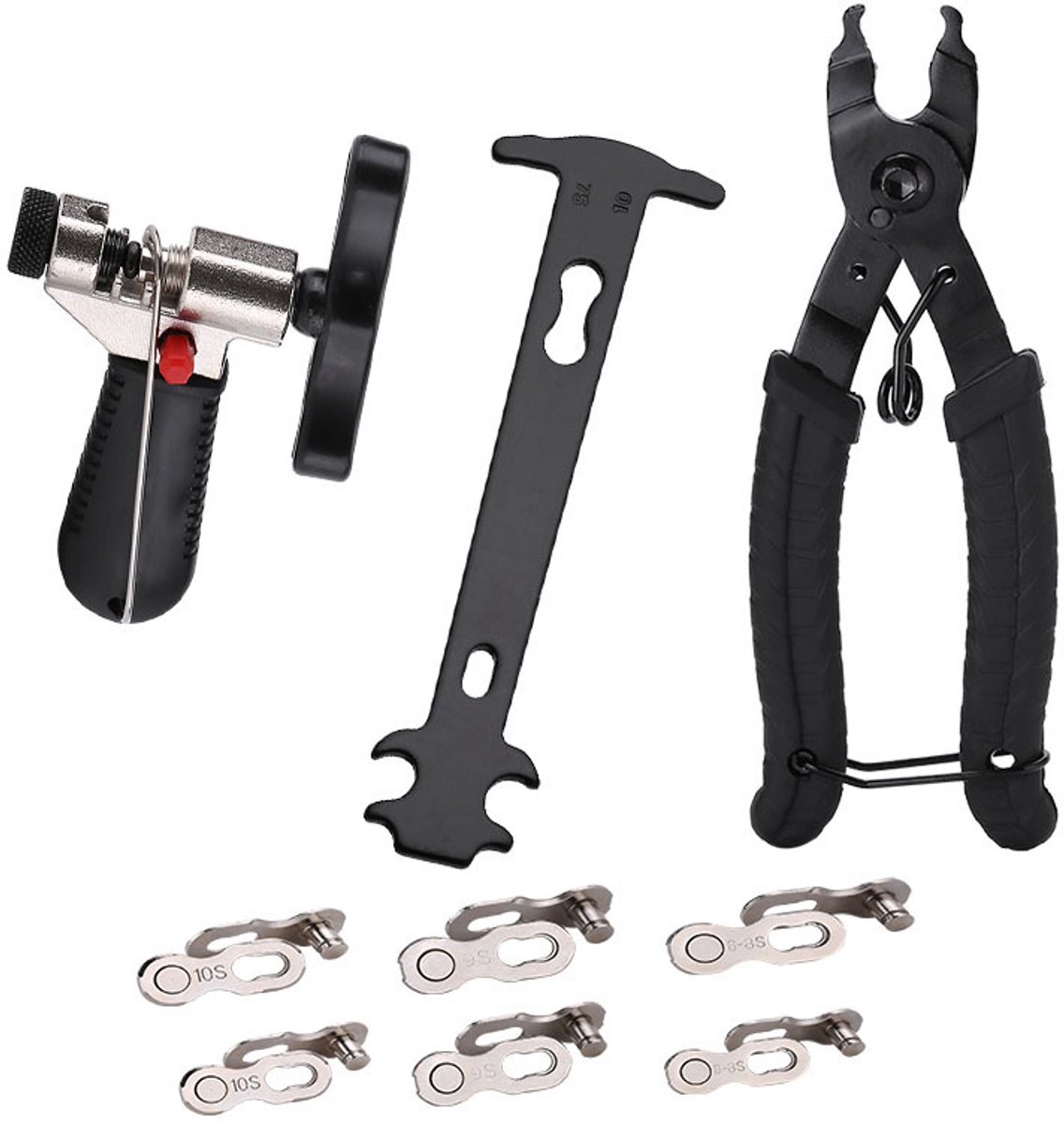 Professionele fietskettingreparatieset, fietsgereedschapset met kettingtang, universele kettingscheider, kettingslijtage-indicator met 6 schakelconnectoren.