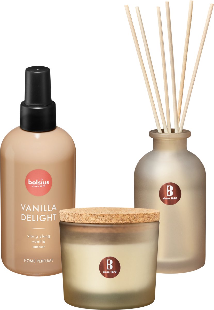 Bolsius - True Joy set - Geurkaars - Geurstokjes - Huisparfum - Vanilla Delight