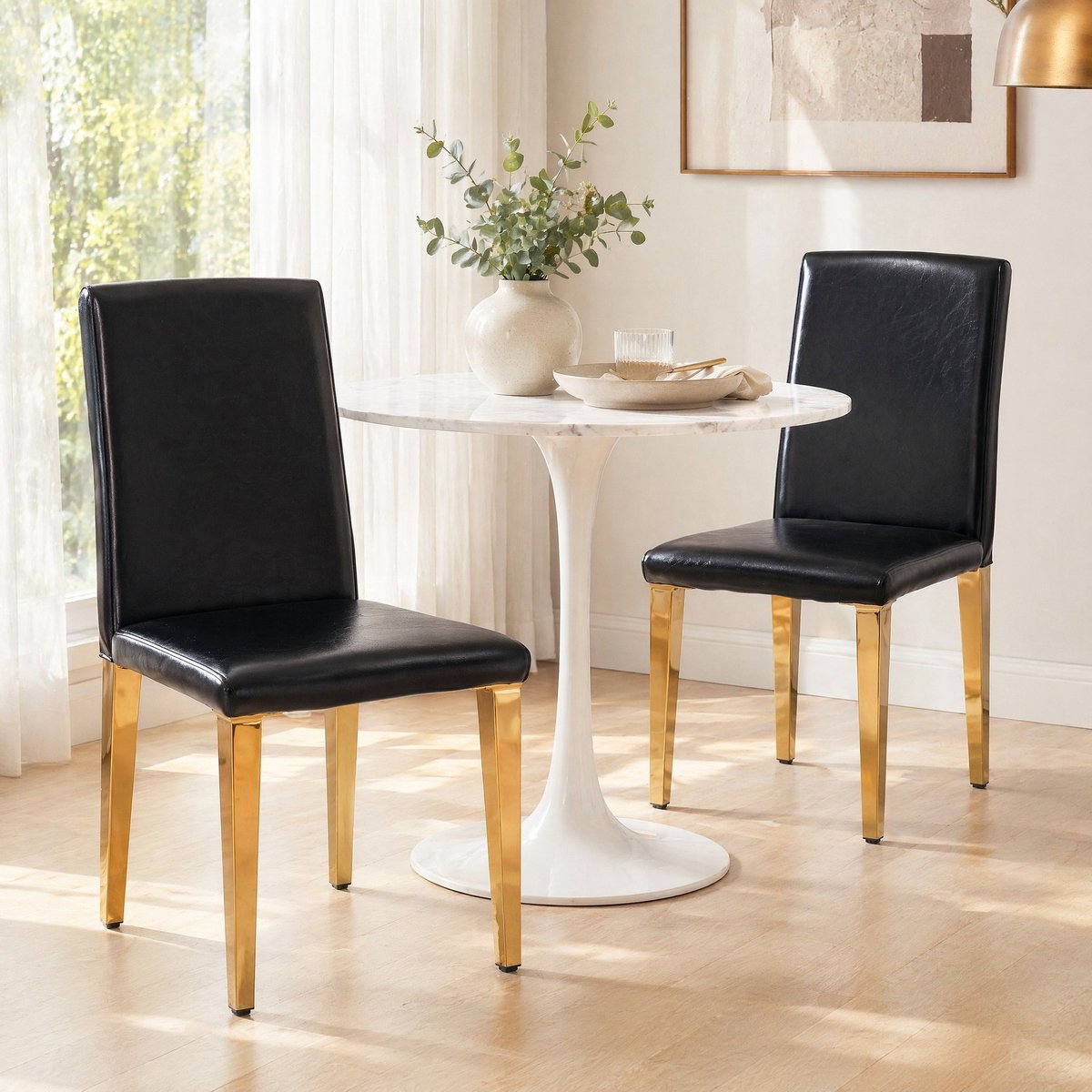 MEUNIQ eetkamerstoel set van 2 in zwart en goud, met PU-kunstleer, metalen poten, zonder armleuningen, 90 cm hoog, voor eetkamer en woonkamer Black+Gold