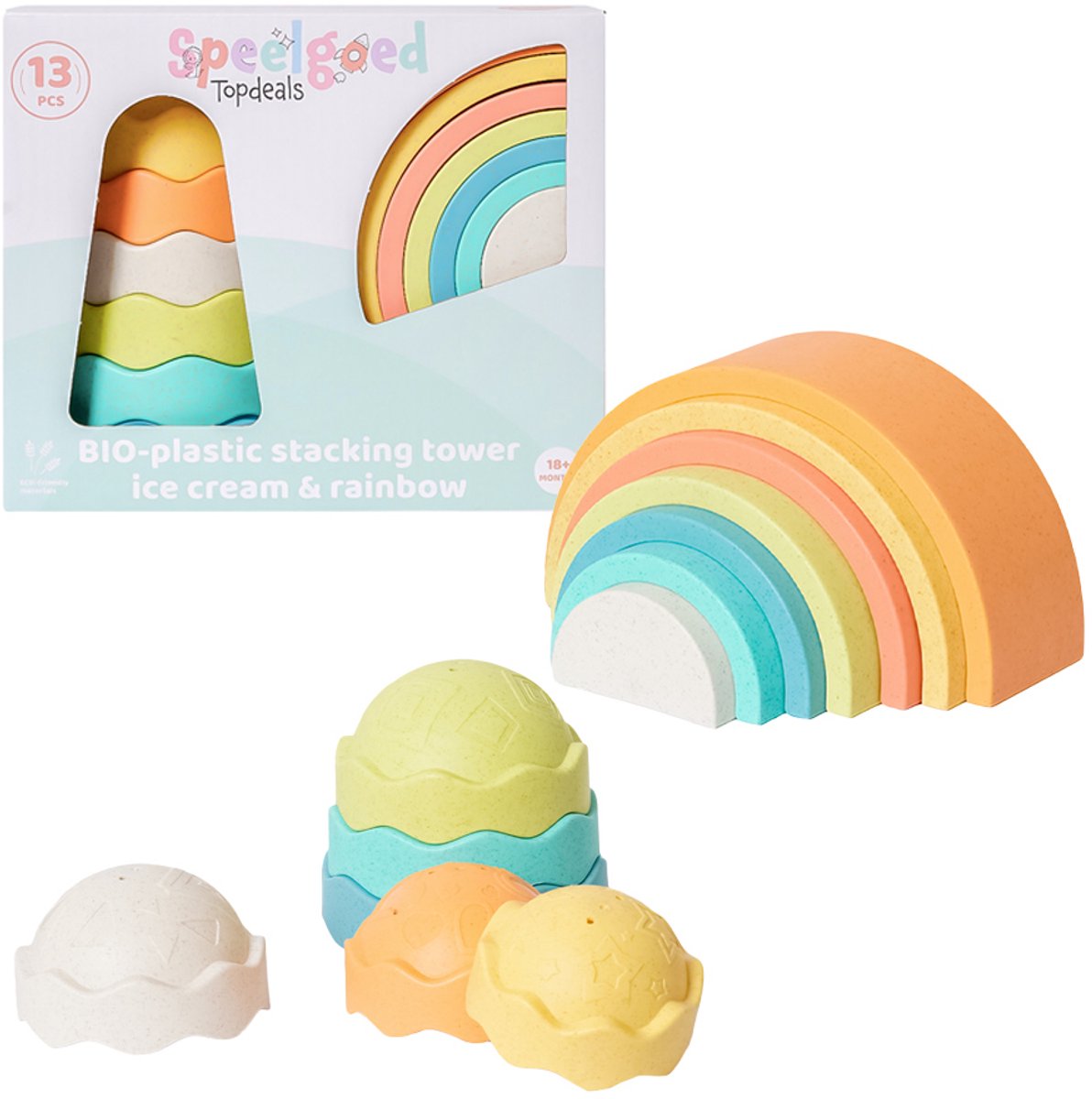 Speelgoedtopdeals - BIOplastic Stapeltoren Regenboog en Ijs - Duurzaam Speelgoed