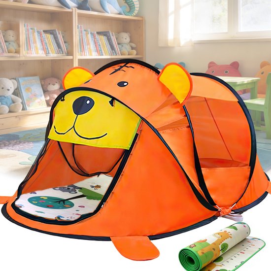 Kindertent Tijger - Pop-up Speeltent met Speelmat - Speelhuis voor Kinderen Binnen & Buiten - Opvouwbare Speeltent voor Baby en Peuter - Kinder Speeltent voor Woonkamer, Slaapkamer en Tuin