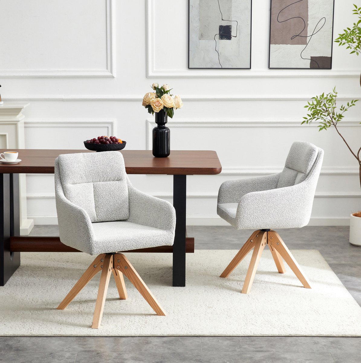MEUNIQ set van 2 draaibare eetkamerstoelen met armleuningen, hoge rugleuning en houten poten, 360° draaifunctie, lichtgrijs fluweel