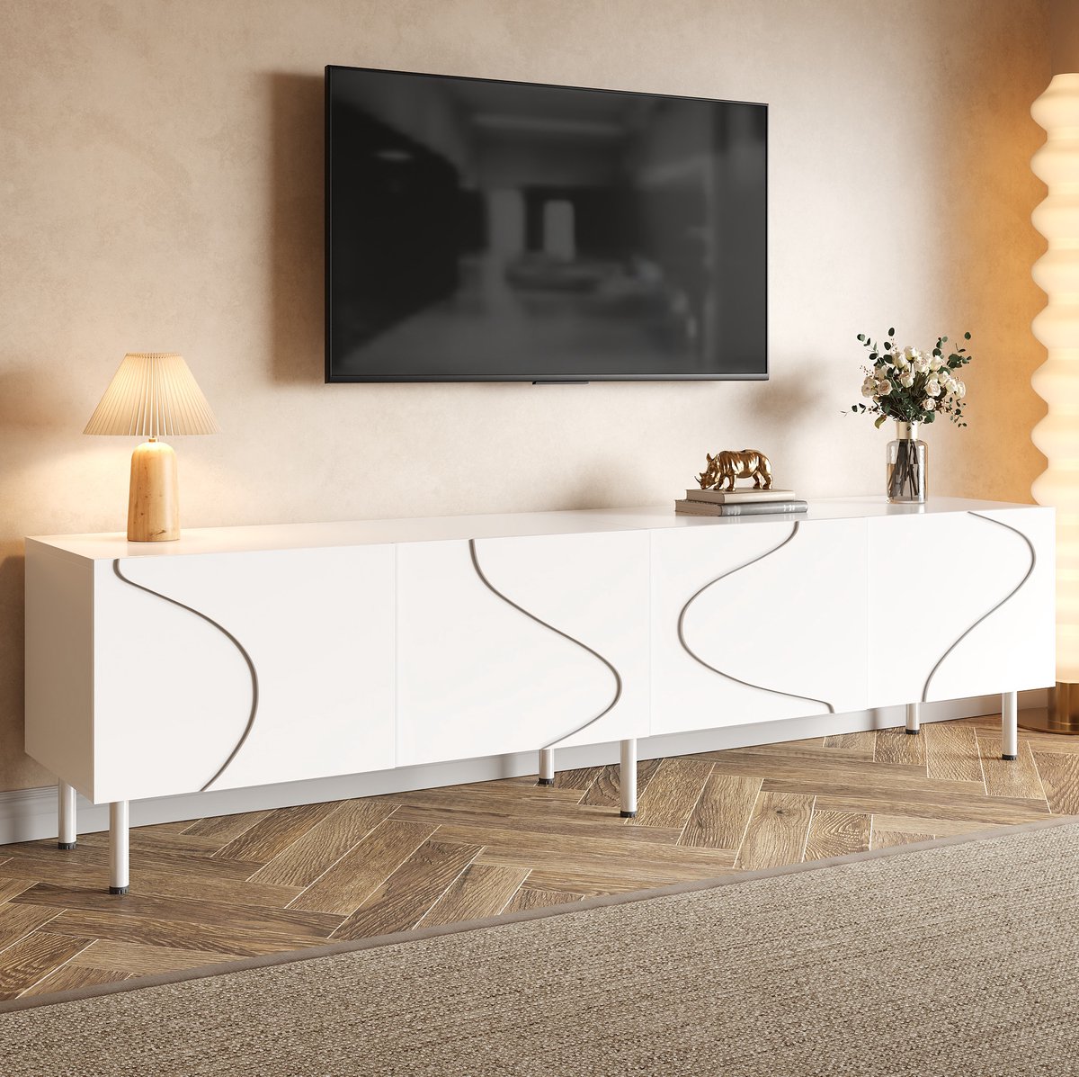 DESMIU TV-Meubel - 4 Deuren Met Drukopeningssysteem En Kabeldoorvoer - Modern Lowboard Voor Woonkamer - MDF En Spaanplaat - 170x35x50 Cm - Wit