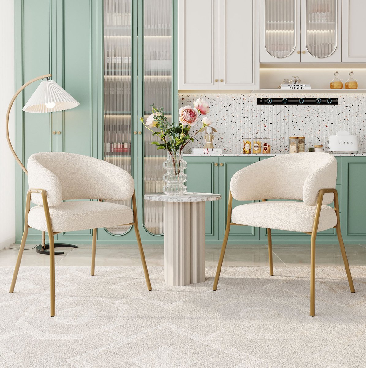MEUNIQ Witte eetkamerstoel kuipstoel met armleuningen, gouden metalen poten, 78 cm, set van 2 voor eetkamer en woonruimte
