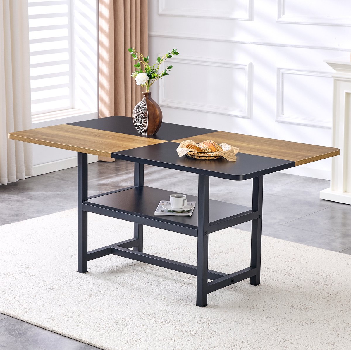 MEUNIQ rechthoekige eettafel 160 x 90 x 76 cm met geïntegreerde opbergplank, industrieel design, voor 4-6 personen, zwart/bruin Black