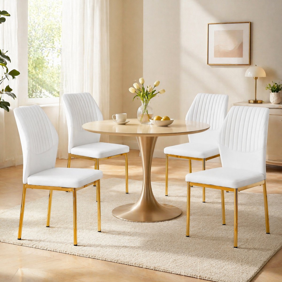 MEUNIQ 4-delige set eetkamerstoelen wit/goud met gestikte rugleuning, gepolsterde zitting van PU en metalen poten voor eetkamer of woonkamer White+Gold