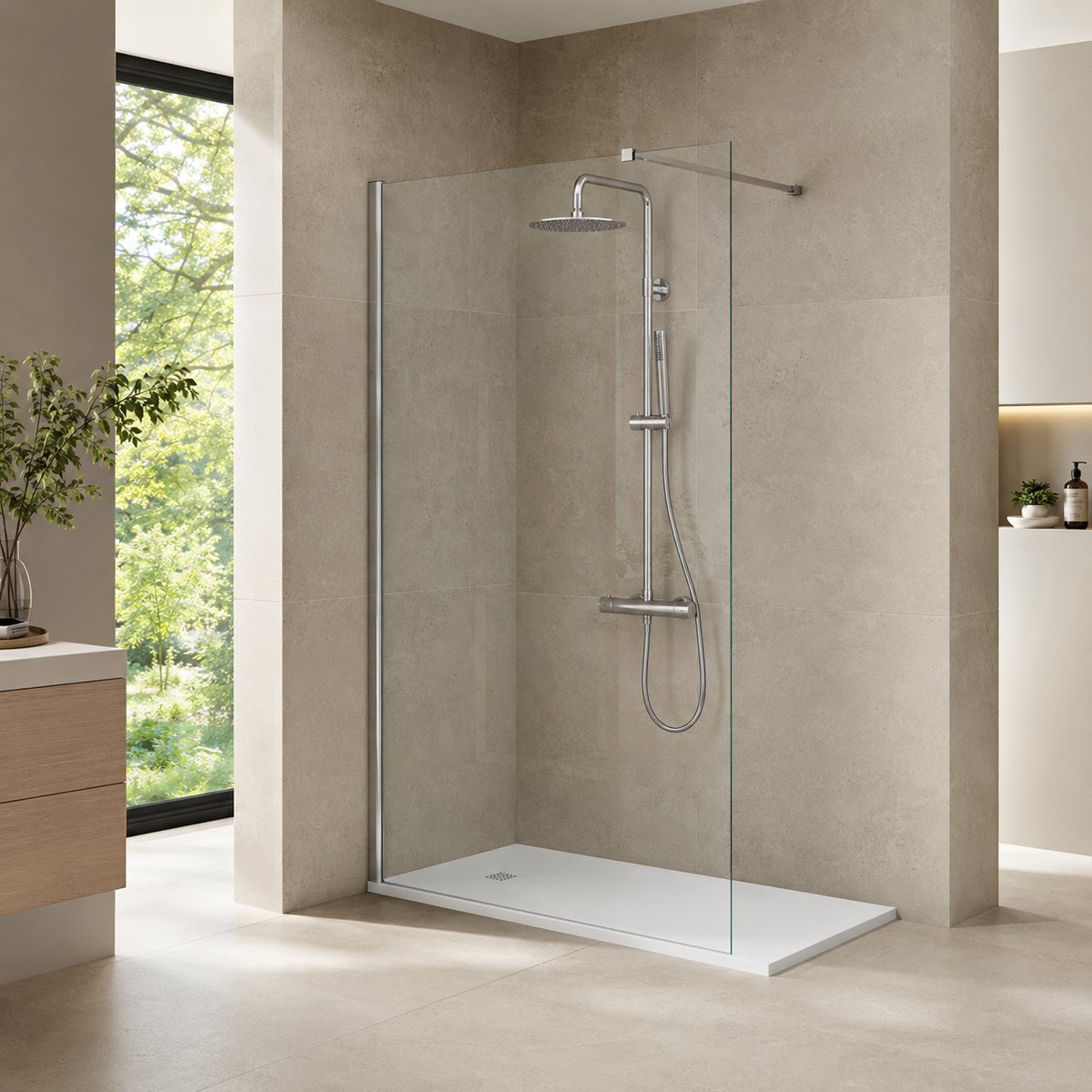ILYA Complete Inloopdouche 120x90 cm - Witte Composiet Douchebak 3 cm - 8 mm Helder Veiligheidsglas - Thermostatische Regendouche Rond Chroom - Inclusief Sifon