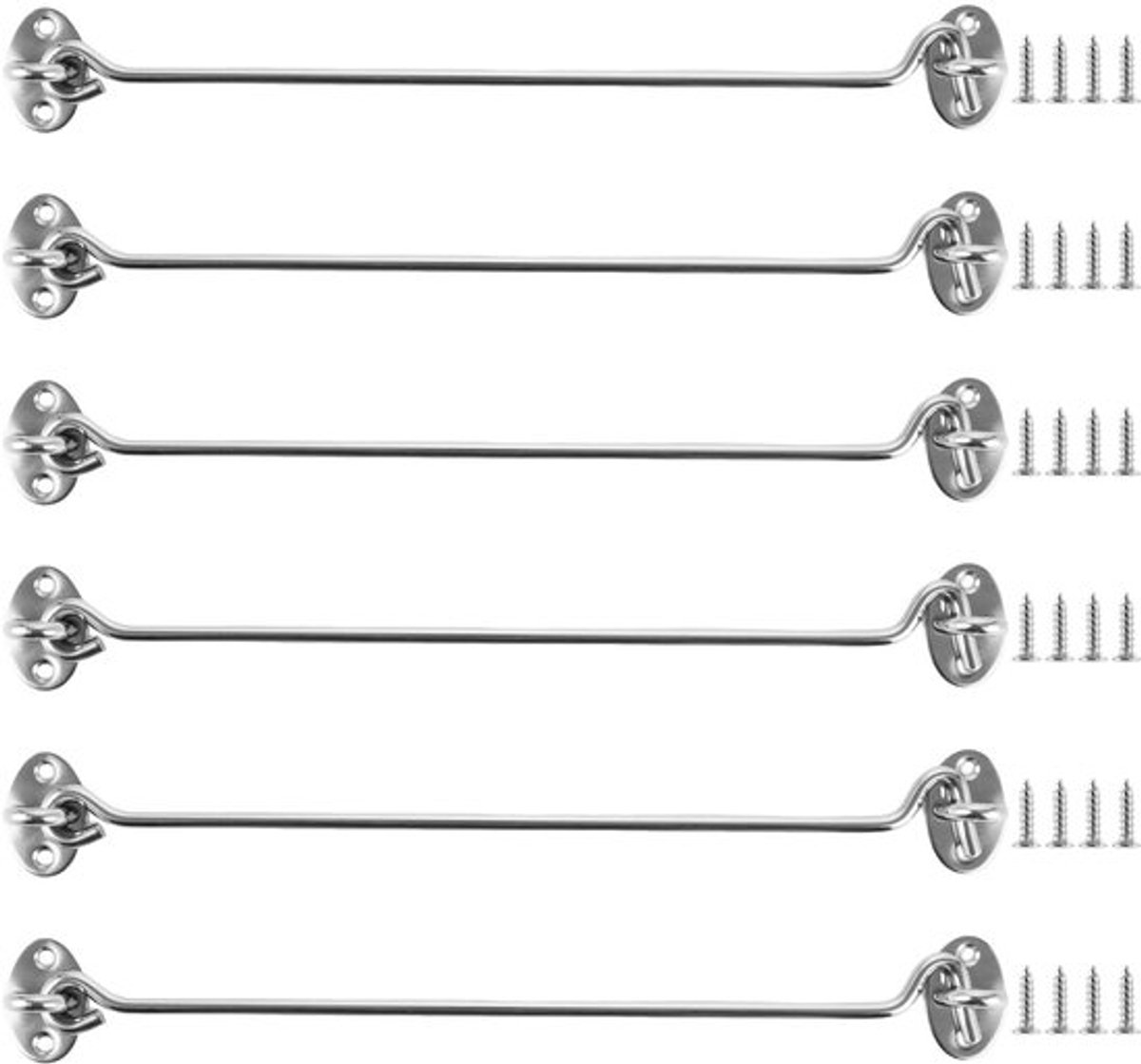 Stormhaak 30 cm - Set van 6 - Roestvrij Staal - Met Oog - Voor Deuren/Ramen - Inclusief 24 Schroeven - Deursluiting