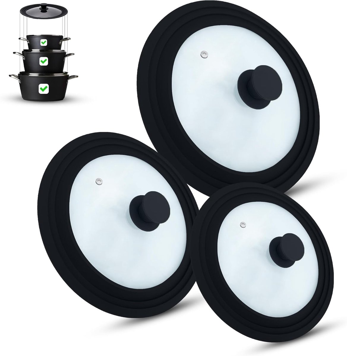 SnelShoppen - Set van 3 Universele Glazen Deksel voor Pannen en Potten 16-32 cm met Afvoerventiel en Siliconen Rand, Zwart