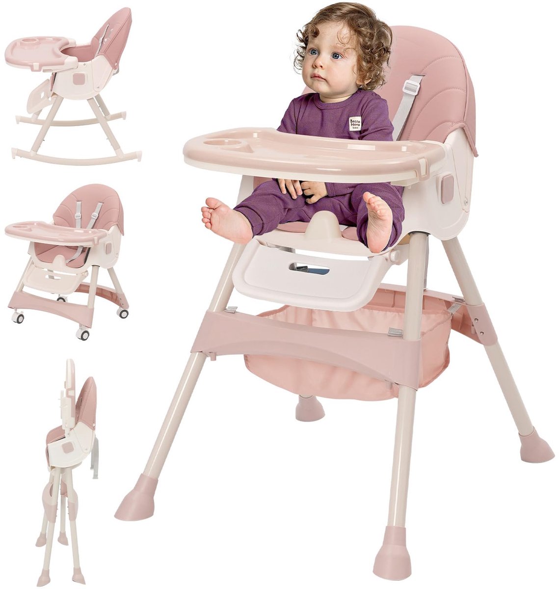 SnelShoppen - Baby Eetstoel 3-in-1 Verstelbare Vouwbare Hoogstoel met Dubbele Afneembare Eettafel, 3-Positie Rugleuning, 5-Punts Veiligheidsgordel, Gr