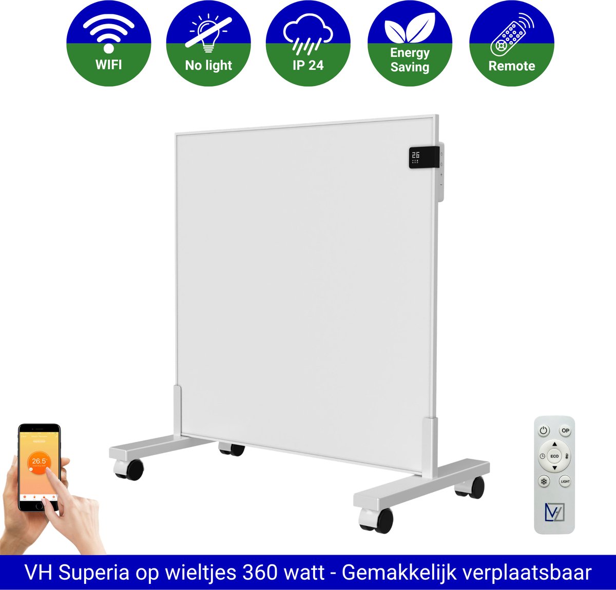 VH Infrarood paneel Superia - 60 x 60 cm - 360W - Verplaatsbaar op wieltjes - Wifi functie - Thermostaat - Incl. afstandsbediening