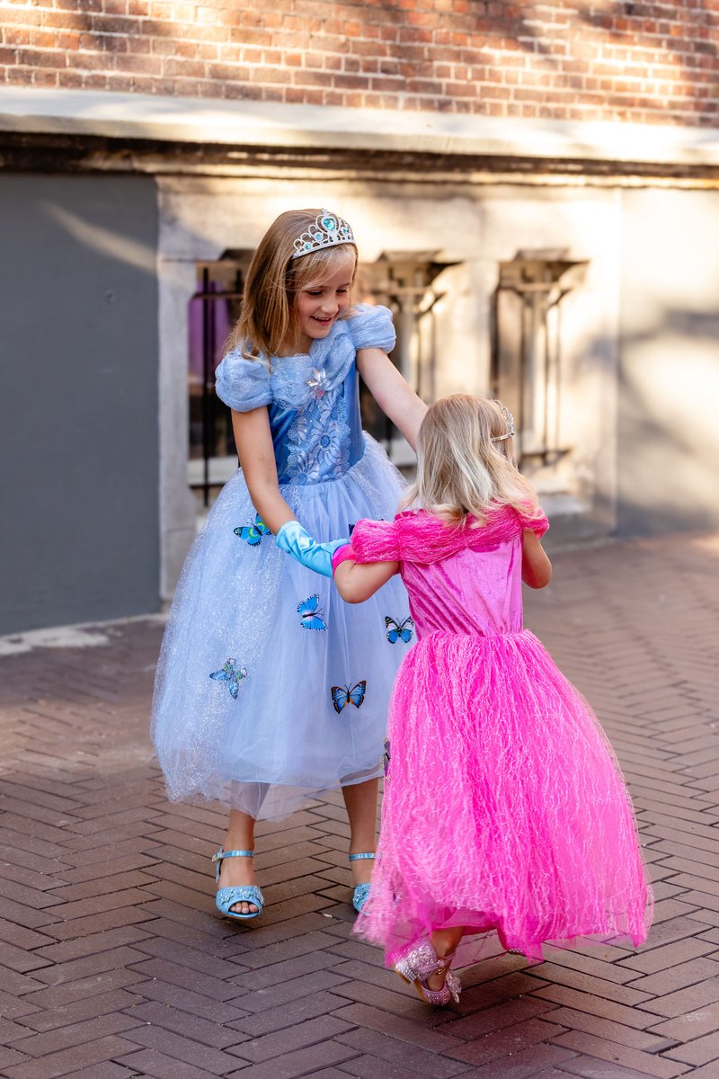 Prinsessenjurk meisje - Blauwe jurk met vlinders - Het Betere Merk - Verkleedkleding meisje - Kroon, toverstaf, vlecht & handschoenen — afbeelding 5