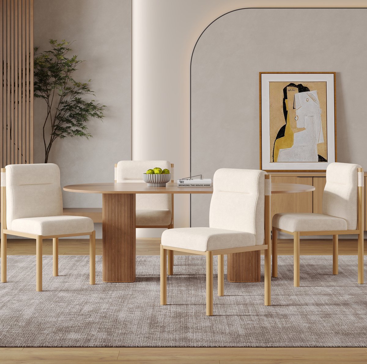 MEUNIQ Eetkamerstoelen set van 4 - beige Sherpa eetkamerstoel met dik gewatteerde zitting, metalen onderstel in eikenhoutlook voor eetkamer en woonkamer