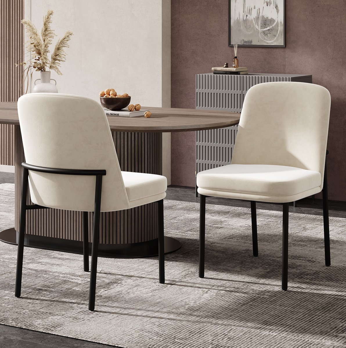 MEUNIQ Set van 2 eetkamerstoelen beige met zwart metalen onderstel, gewatteerde zitting van fluweel, modern en geschikt voor eetkamer, woonkamer en café