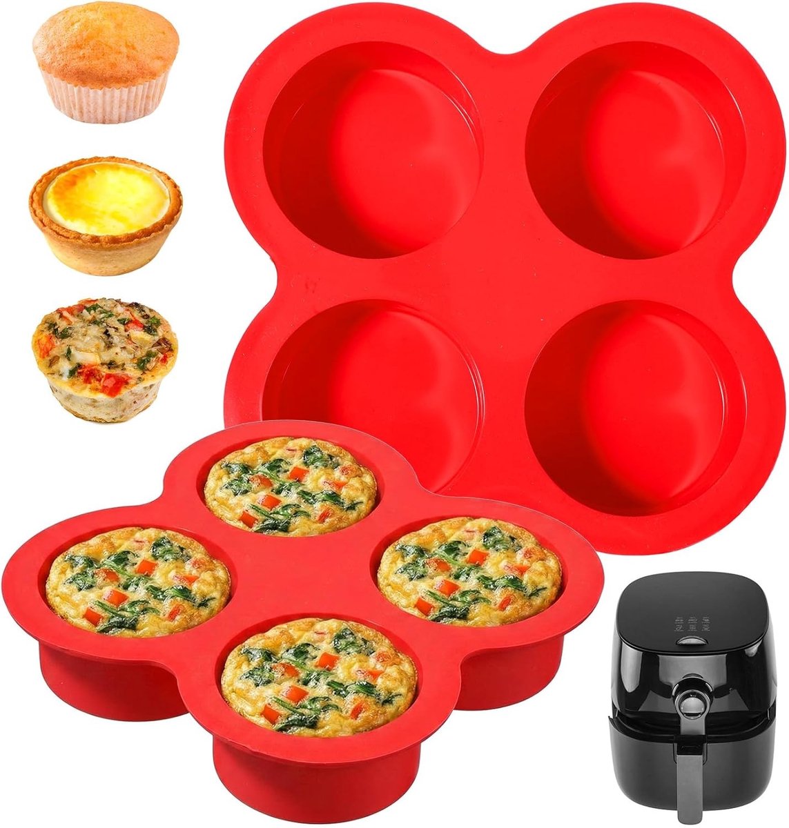 Siliconen Muffinvorm voor Airfryer - 2 Stuks, 4 Holes voor Muffins, Cupcakes en Quiches (Rood, 12 x 8 cm)