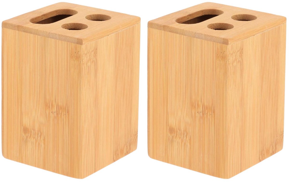 Tendance tandenborstelhouder cuba - 2x - bamboe - vierkant - 7 x H10 cm