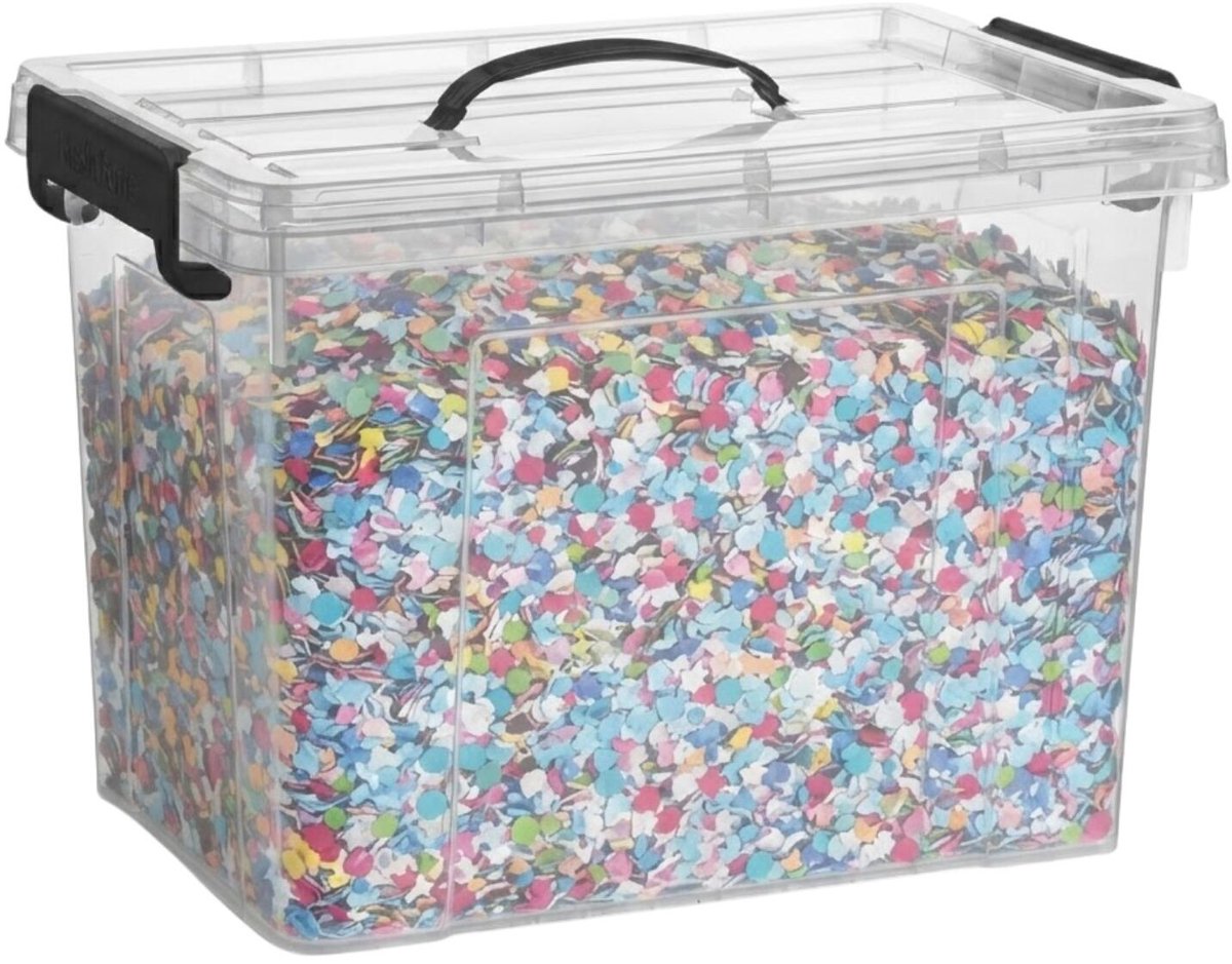 Funny Fashion Confetti in kunststof opslagbox - 2.5 kilo - multicolor snippers - papier - rondjes - versiering