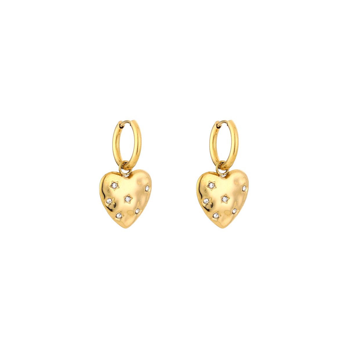 Stainless Steel CZ Sparkle Heart Charm Hoops – Luxe Hartjes Oorringen met Zirkonia – RVS - Goud