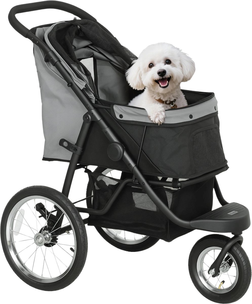 Hondenbuggy – Opvouwbare Wandelwagen voor Kleine Honden tot 10 kg met 3 Grote Rubberen Wielen – Lichtgrijs