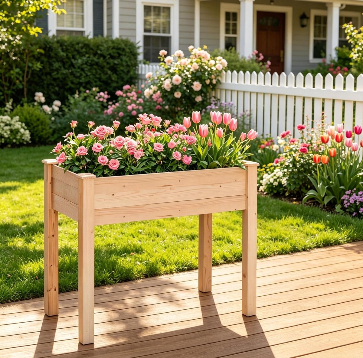 Stilvora Staande Plantenbak – Verhoogd Ontwerp – 86 X 46 X 76 Cm – Tannenhout En Vliesstof – Natural Wood – Voor Buiten Tuin En Terras