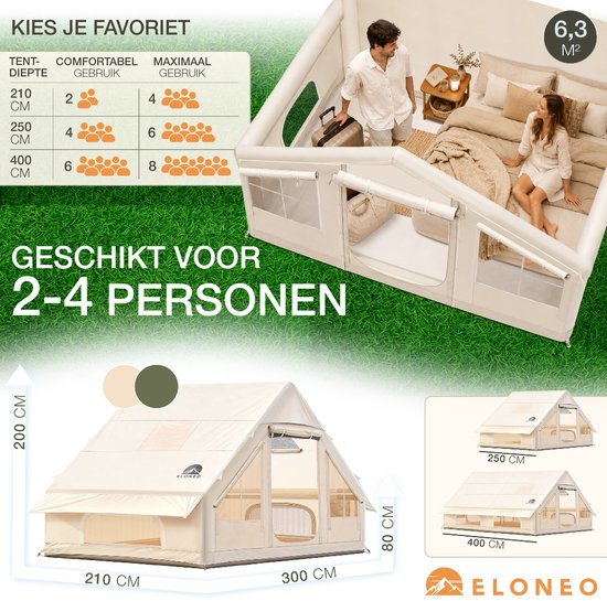 ELONEO Opblaasbare Glampingtent - Campingtent met Luchtframe - 200 cm Stahoogte - UV50 van ELONEO — afbeelding 3