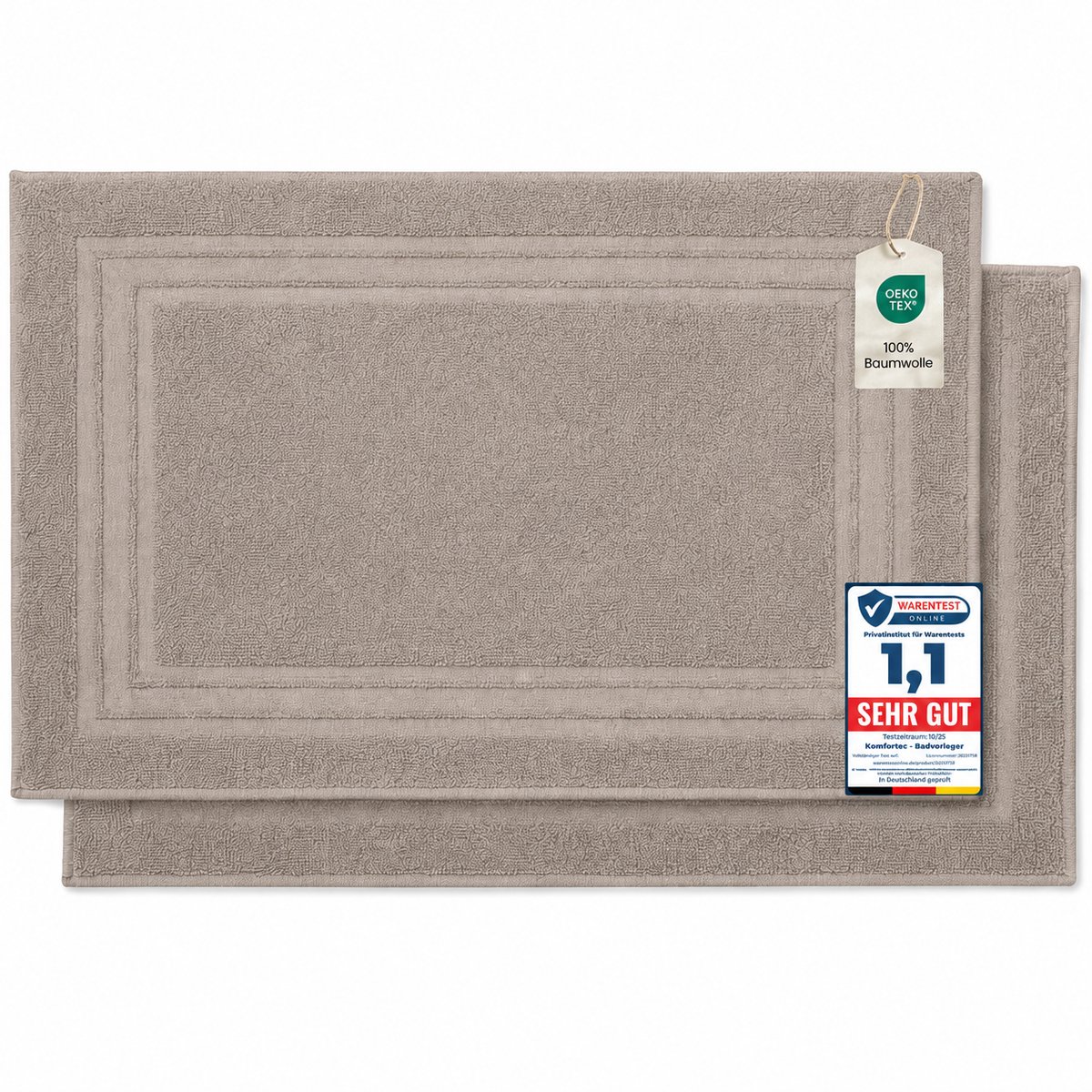 Komfortec Badmat - 2 stuks - Handdoek Dikte - Hotelkwaliteit - Zachte en Absorberende Douchemat - 50x70 cm - 100% Katoen – Taupe
