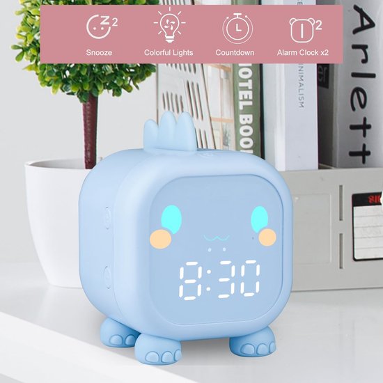 SnelShoppen - Digitale Kinderwekker Dinosaurus met Nachtlampje, Slaaptrainer, Snooze, Countdown, Wekker voor Kinderslaapkamer, Helderblauw, Perfect Ca van snelshoppen — afbeelding 2