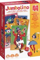 Doos van het spel Jumbolino met afbeeldingen van circusartiesten, dobbelstenen en spelregels.