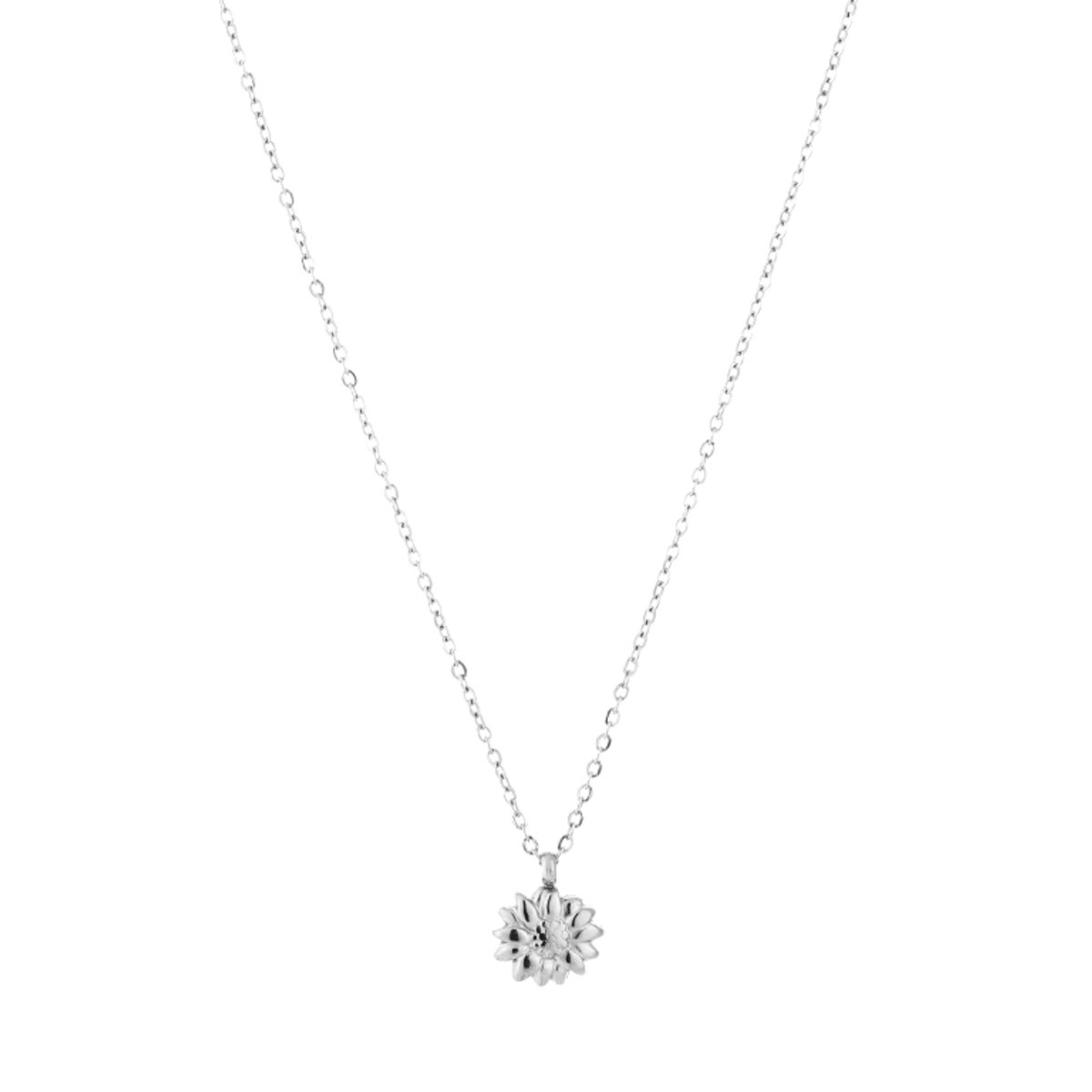 Zomerse Stainless Steel Halsketting - Tijdloze Fijne Schakel met Botanische Bloem Bedel - Zilver