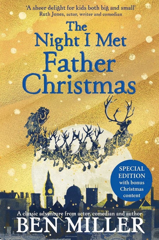 Boekcover met de titel 'The Night I Met Father Christmas' in blauwe letters, met een illustratie van de kerstman met rendieren boven een stad.