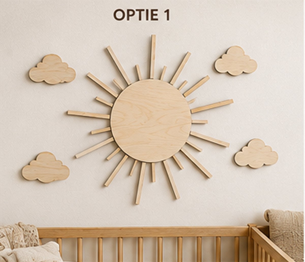 MODEL 01 – HOUTEN ZON MET LOSSE WOLKEN | BOHO WANDDECORATIE BABYKAMER | 40 x 40 CM/babykamer/kinderkamer/