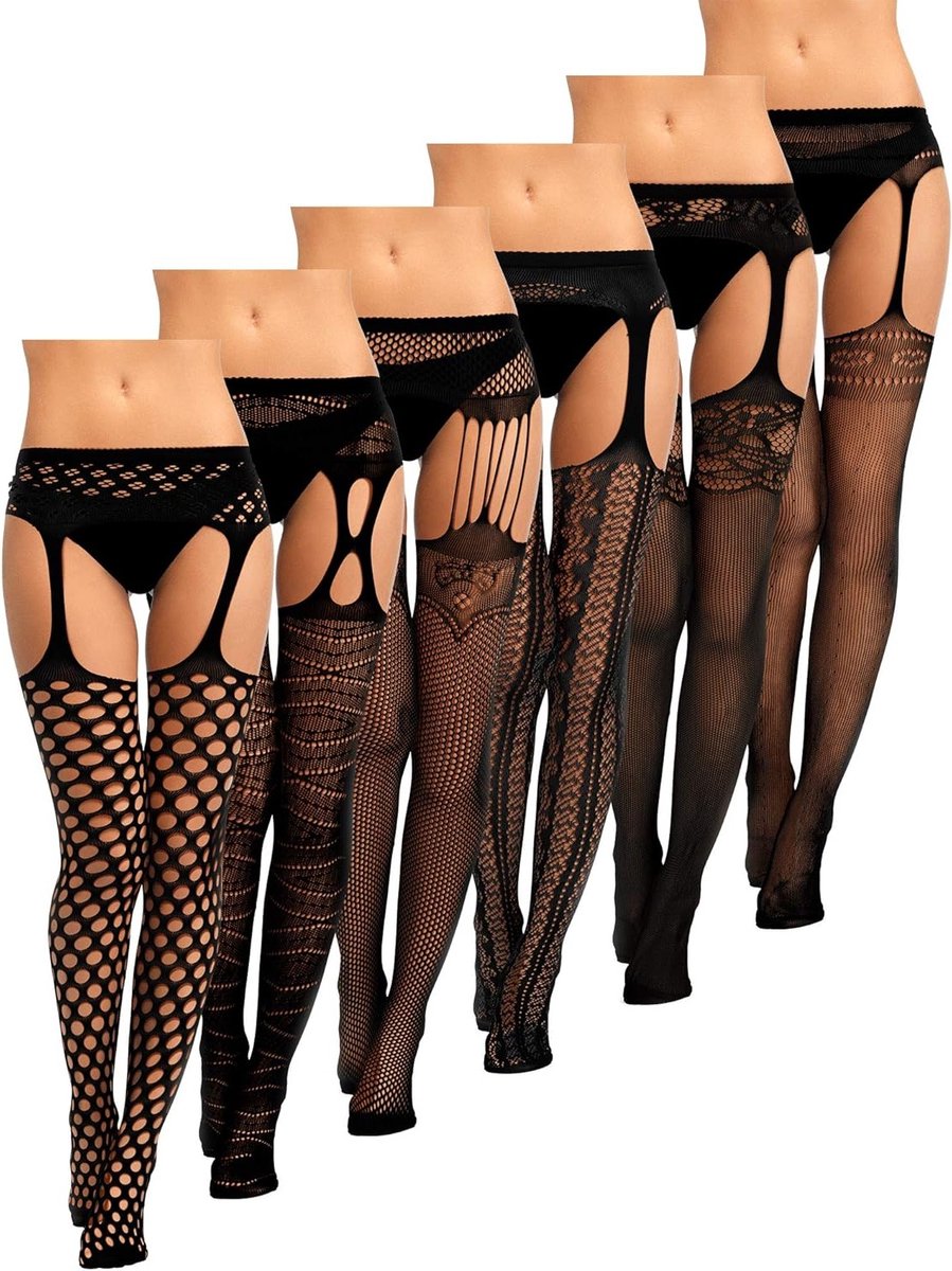 6 Paar Dames Visnet Kousen, Zwarte Kanten Visnet Panty voor Halloween, Klassieke Stijl en Comfortabele Pasvorm, M-L