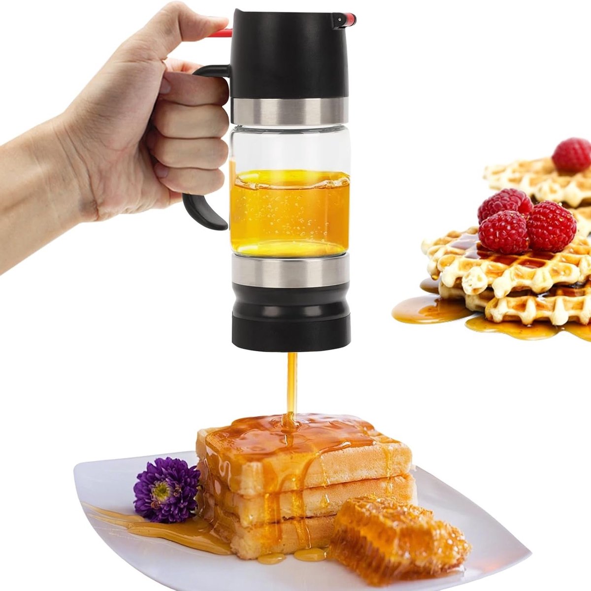 Glazen Honingdispenser 300ml met Coaster - Druppelvrije Honing- en Siropenhouder, Ideaal voor Keuken en Ontbijt