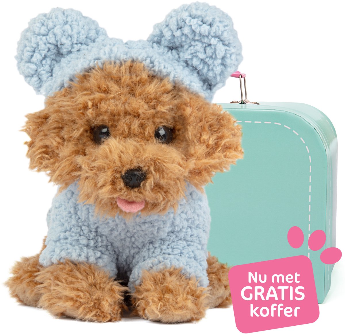 Studio Pets® Knuffel – Toy Poedel Puppy Cookie (23 cm) met Blauw Teddy Truitje en GRATIS Koffer – Pluche Knuffel voor kinderen