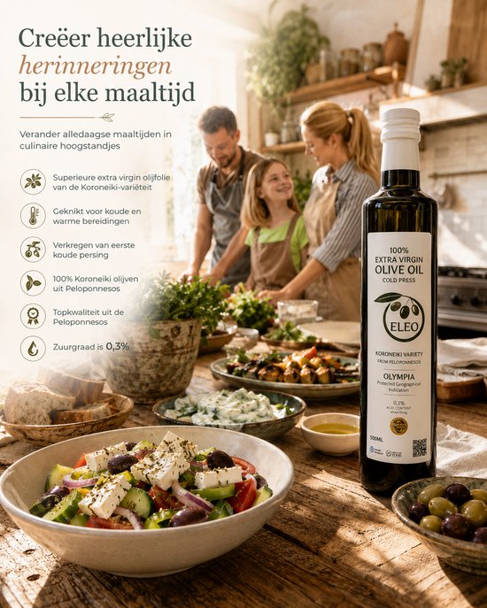 Een gezin van drie kookt samen in een keuken. Een fles ELEO Olijfolie staat op de tafel naast een Griekse salade.