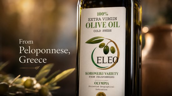 Een fles ELEO 100% extra vierge olijfolie, met tekst 'From Peloponnese, Greece' en olijftakken.