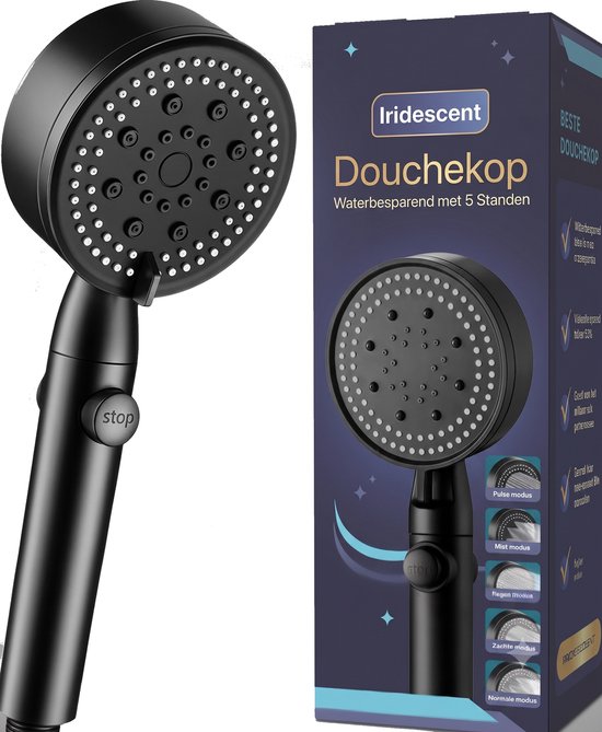 Iridescent Ludoris Luxe Douchekop - Douchekop - Doucheset - Douchekop Hoge druk - Verstelbaar - Regendouchekop - Waterbesparende Douchekop - Regendouche - Handdouche - 5 Standen - Met Stop Knop - Mat Zwart
