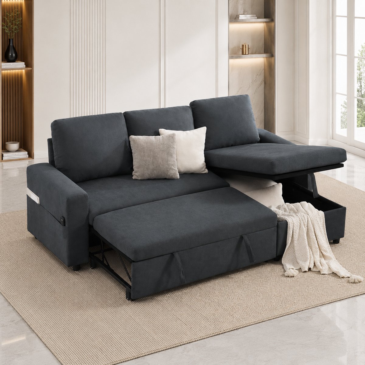 Luxe Modulaire Hoekslaapbank met Opbergruimte en Uitschuifbaar Bed 227 cm Donkergrijs - NoviHomeStore