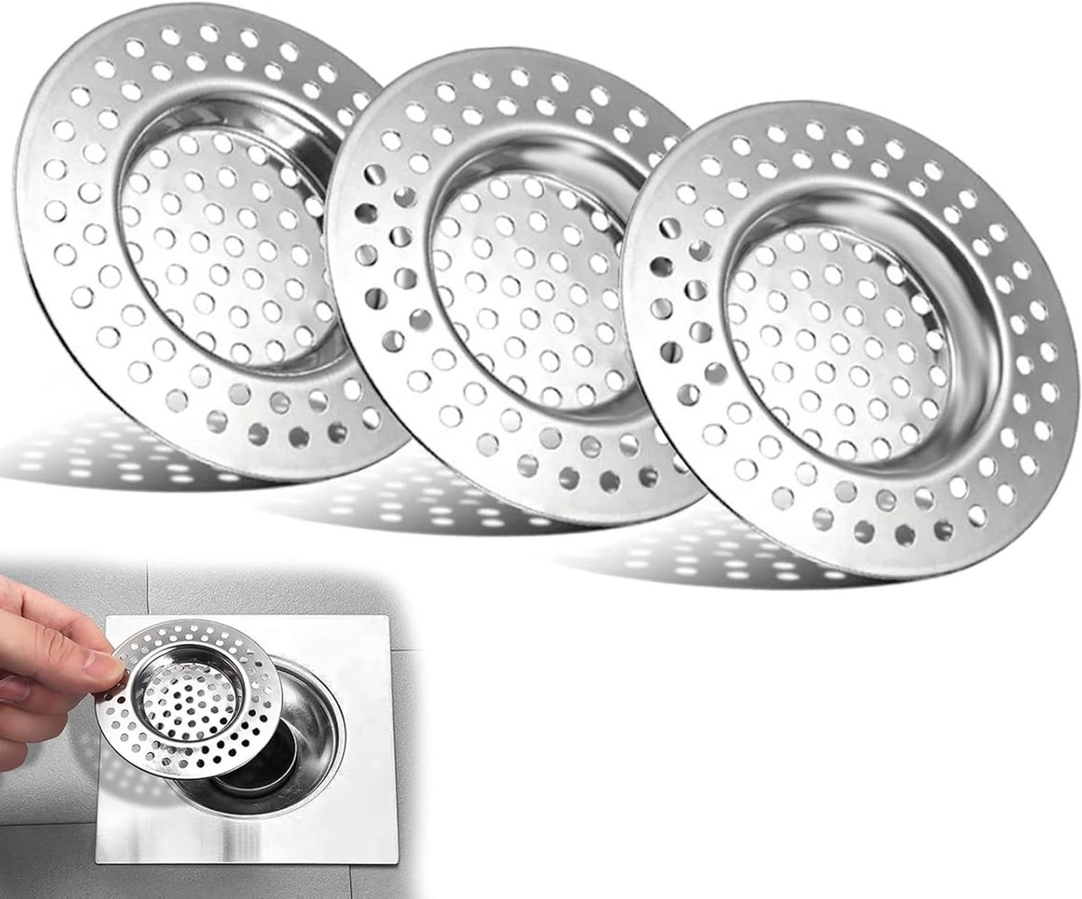 RVS Afvoerzeef Set van 3 voor Douche en Keuken - Haarfilter, Vuilafvoer en Verstopte Afvoer Oplossing - 7.5cm