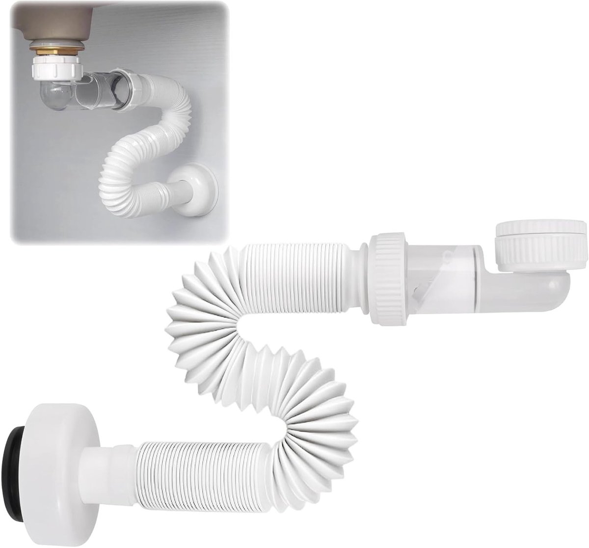 Ruimtebesparende 1/4 Inch Sifon met 360° Verstelbare Geurafsluiting, Flexibel Afvoersysteem voor Keuken en Badkamer, Interchangeable Afvoerbuis met Geurstop, Ideaal voor Sifon Wasbak en Afvoerleiding