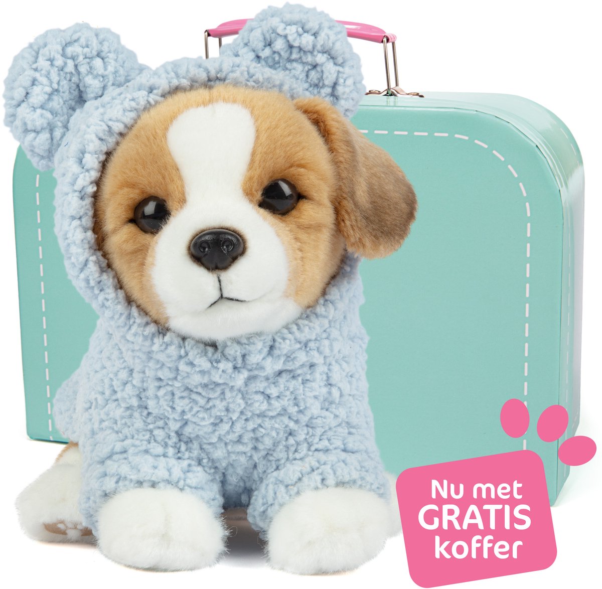 Studio Pets® Knuffel – Jack Russell Puppy Jacky (23 cm) met Blauw Teddy Truitje en GRATIS Koffer – Pluche Knuffel voor kinderen