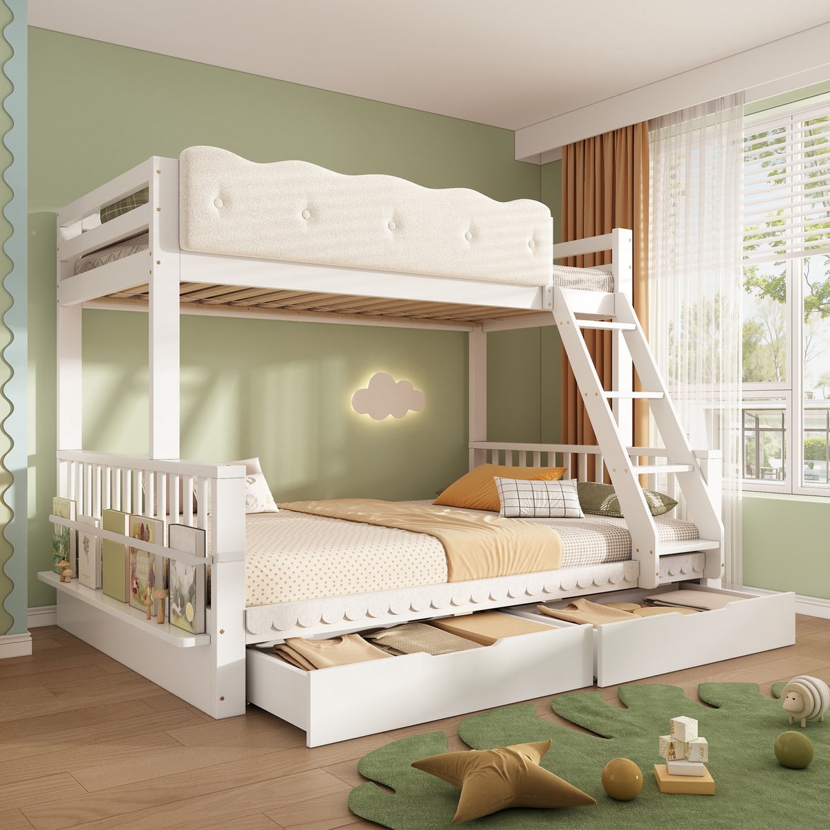 MIVRAY Stapelbed 90x200 140x200 cm - Zonder Matras met Zachte Wolkenleuning en Lades - Tijdschriftenrek voor Kinderkamer - Hout - Wit