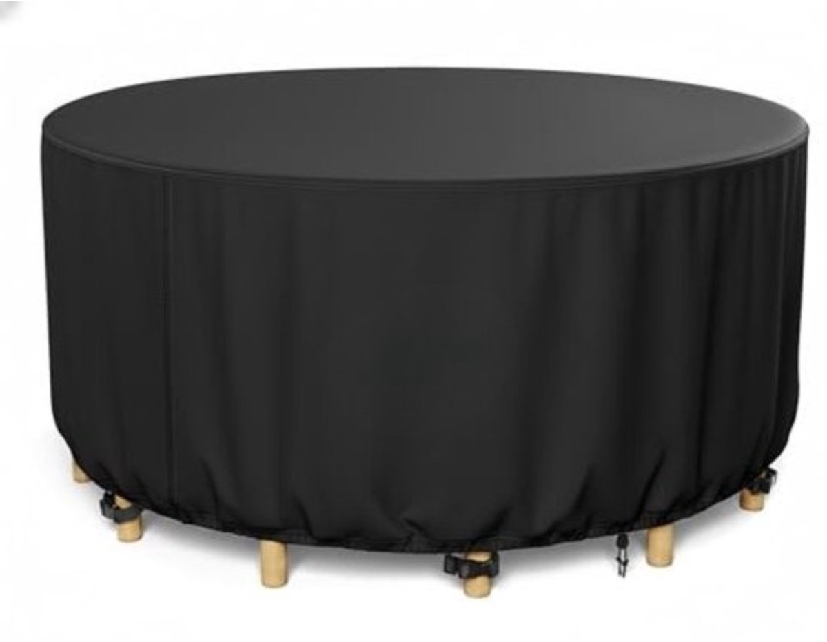 Thuys Beschermhoes Ronde Tuintafel 158cm - 420D Polyester - UV-bestendig - 4 Haken en Banden - voor Terras en Balkon Zwart