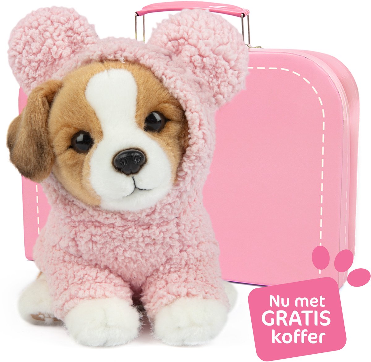Studio Pets® Knuffel Jack Russell Hond Jacky (23 cm) met Roze Teddy Hoodie en GRATIS Koffer – Pluche Knuffel voor kinderen