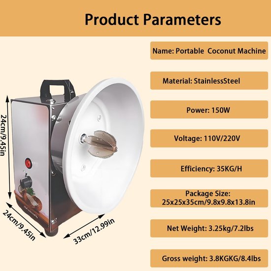 Kokosrasp Machine - Kokosraspapparaat Elektrisch - Kokos Verwerken - 3 Snelheden Instelbaar - 35 kg/u - Zilverkleurig — afbeelding 4
