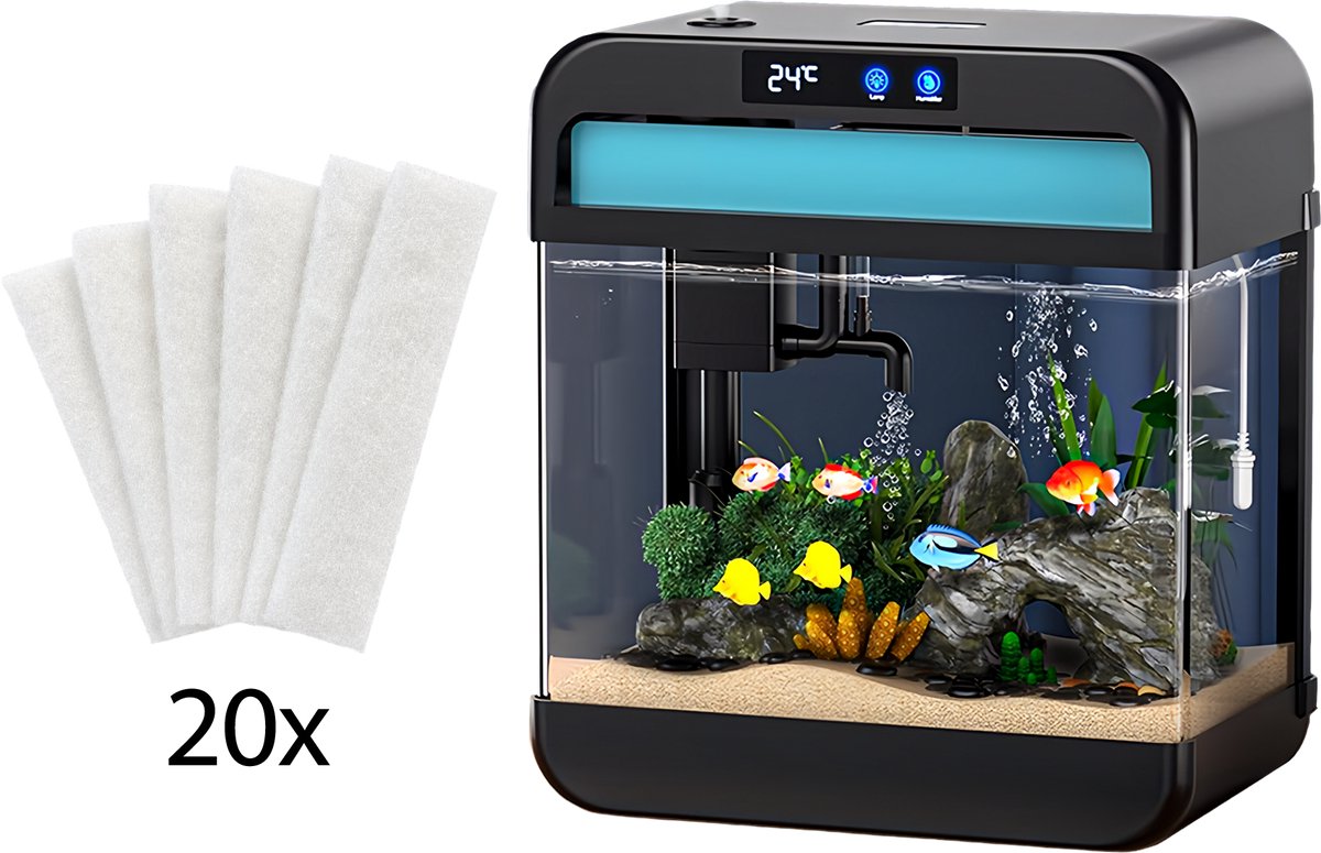 AquaImpact Premium Zelfreinigend Aquarium 26 L + 20 Filters – Set met 3‑in‑1 Pomp, LED & Touch Display – Incl. Luchtbevochtiger