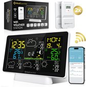 Digitale weerstation met grote display, toont tijd, temperatuur, vochtigheid, maanfasen, UV-index en 4-daagse weersvoorspelling. Inclusief buitensensor.